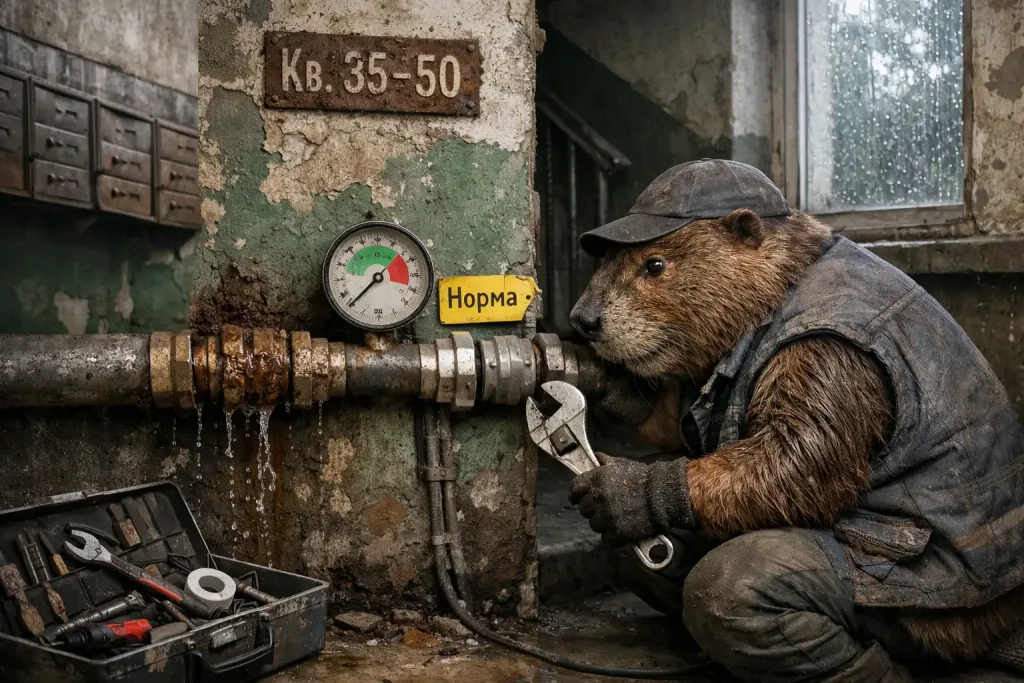 beaver plumber fixing heating pipe in old entrance