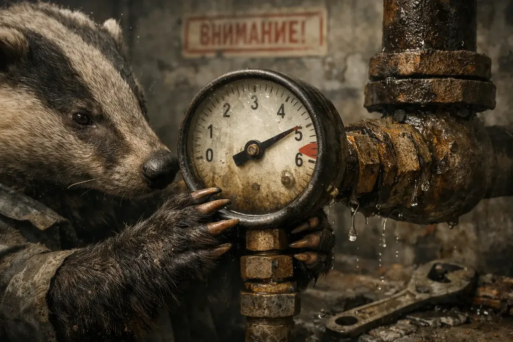 badger checking pipe pressure with gauge