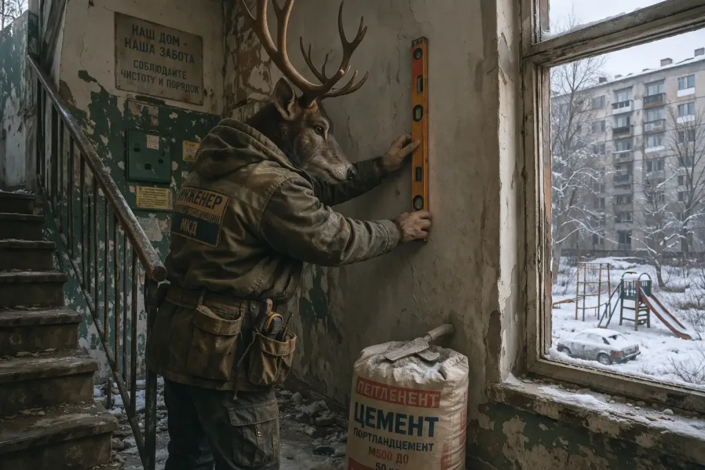 deer using level on cracked wall indoors