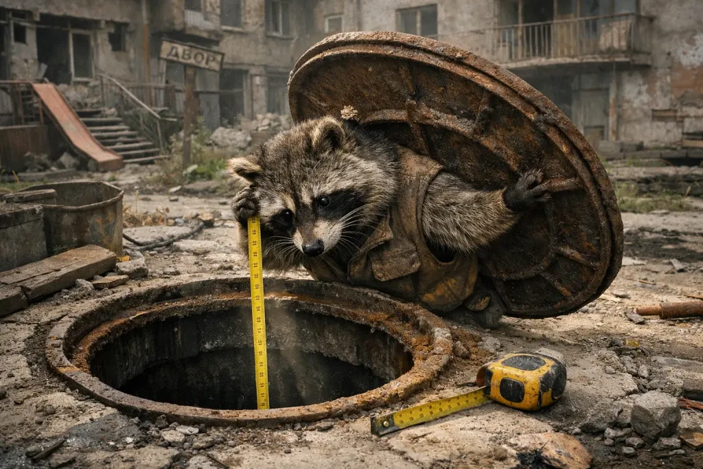 raccoon inspecting open manhole in yard