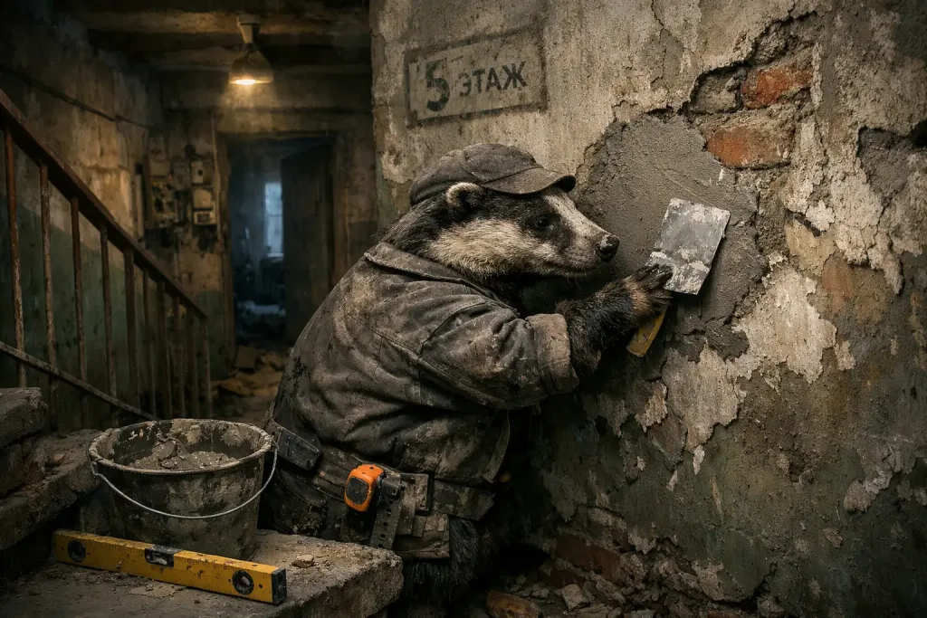 badger applying plaster on damaged wall
