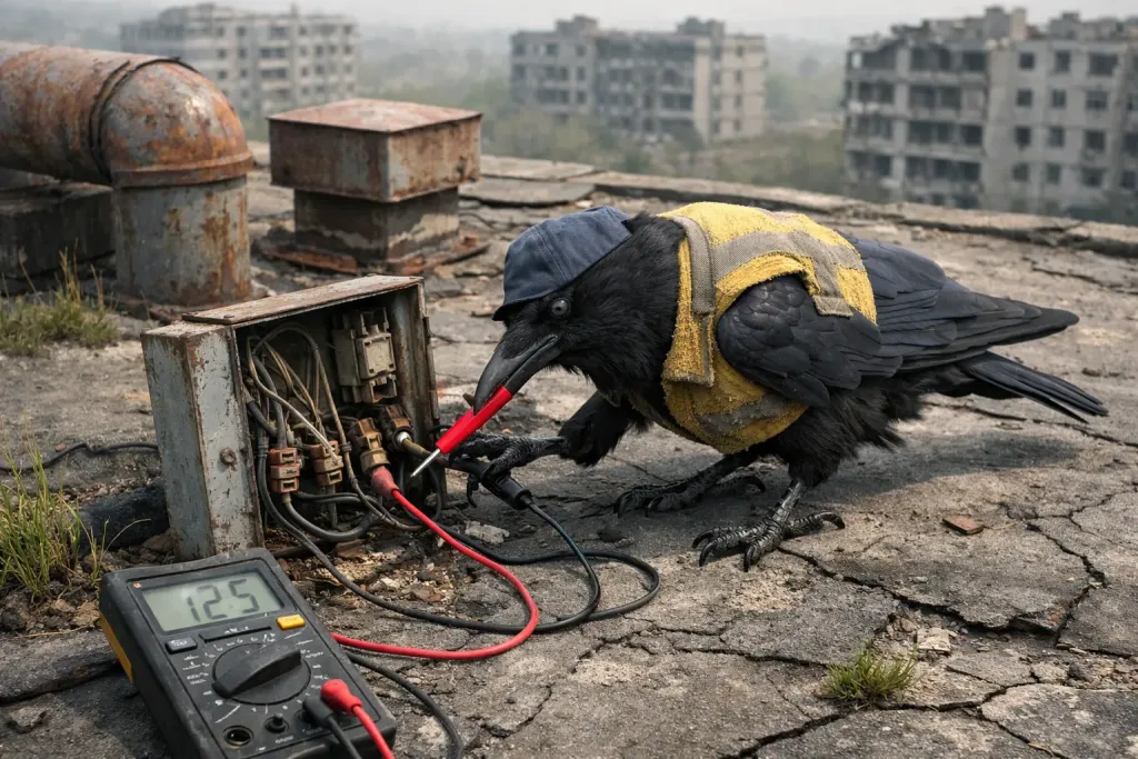 crow electrician testing rooftop electrical panel