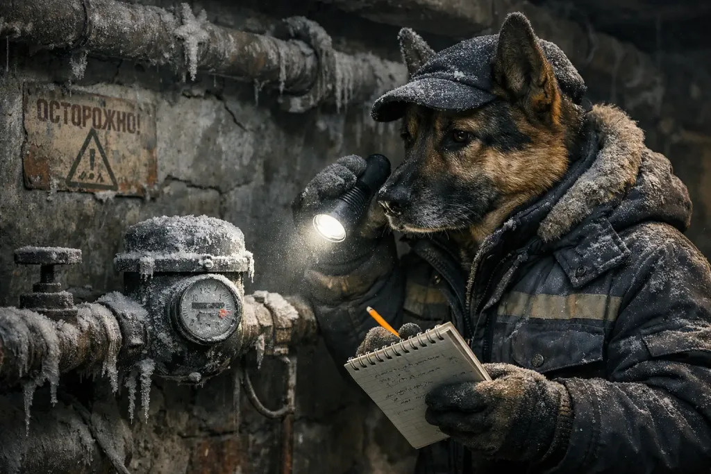 dog engineer checking frozen water meter basement
