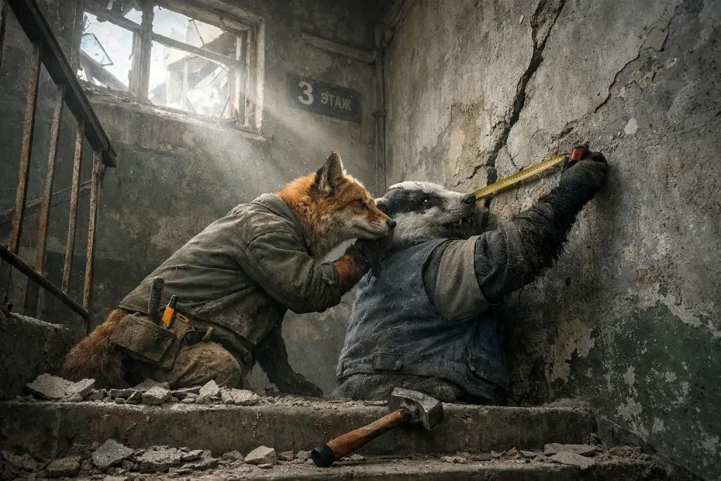 animals measuring crack in stairwell wall