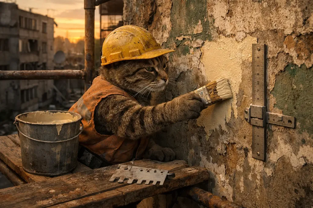 cat painting damaged building facade at sunset