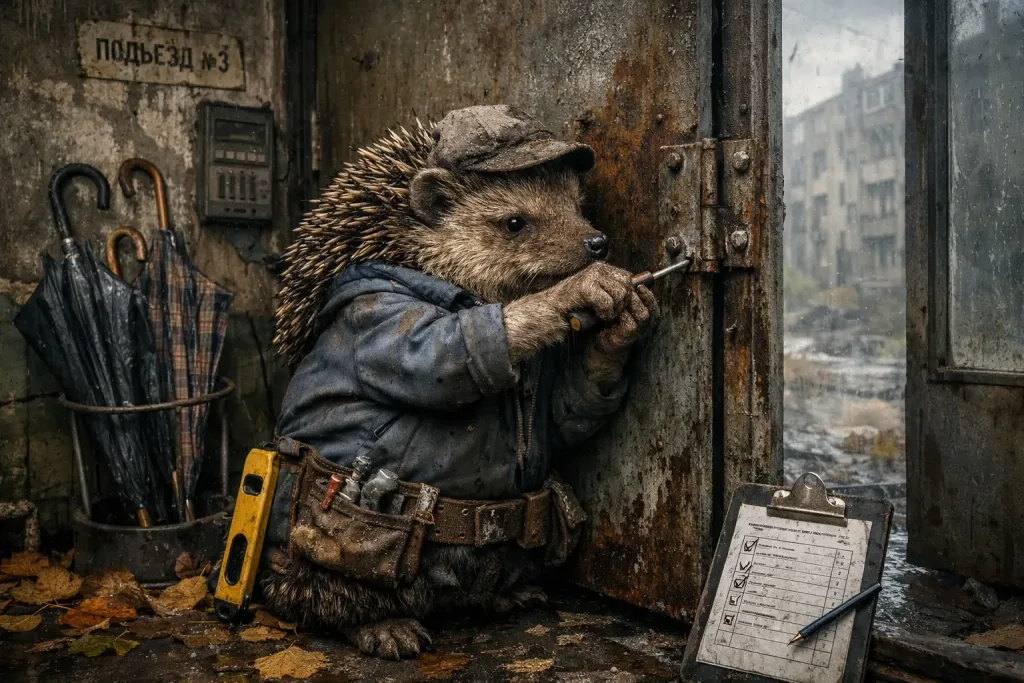 hedgehog repairing rusty entrance door hinge