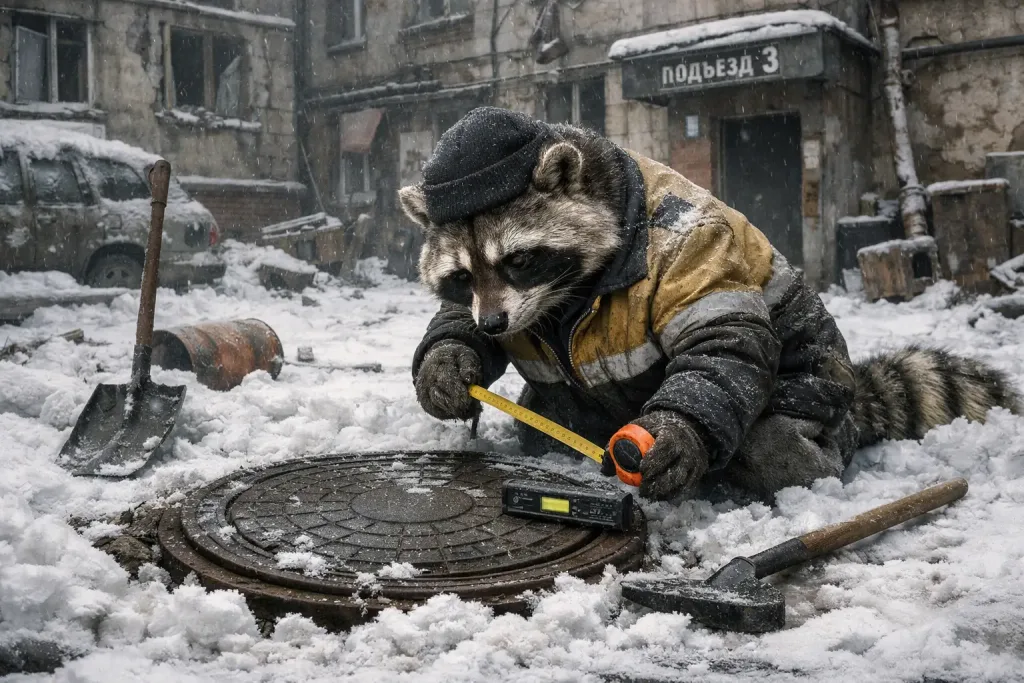 animals clearing snow around manhole cover